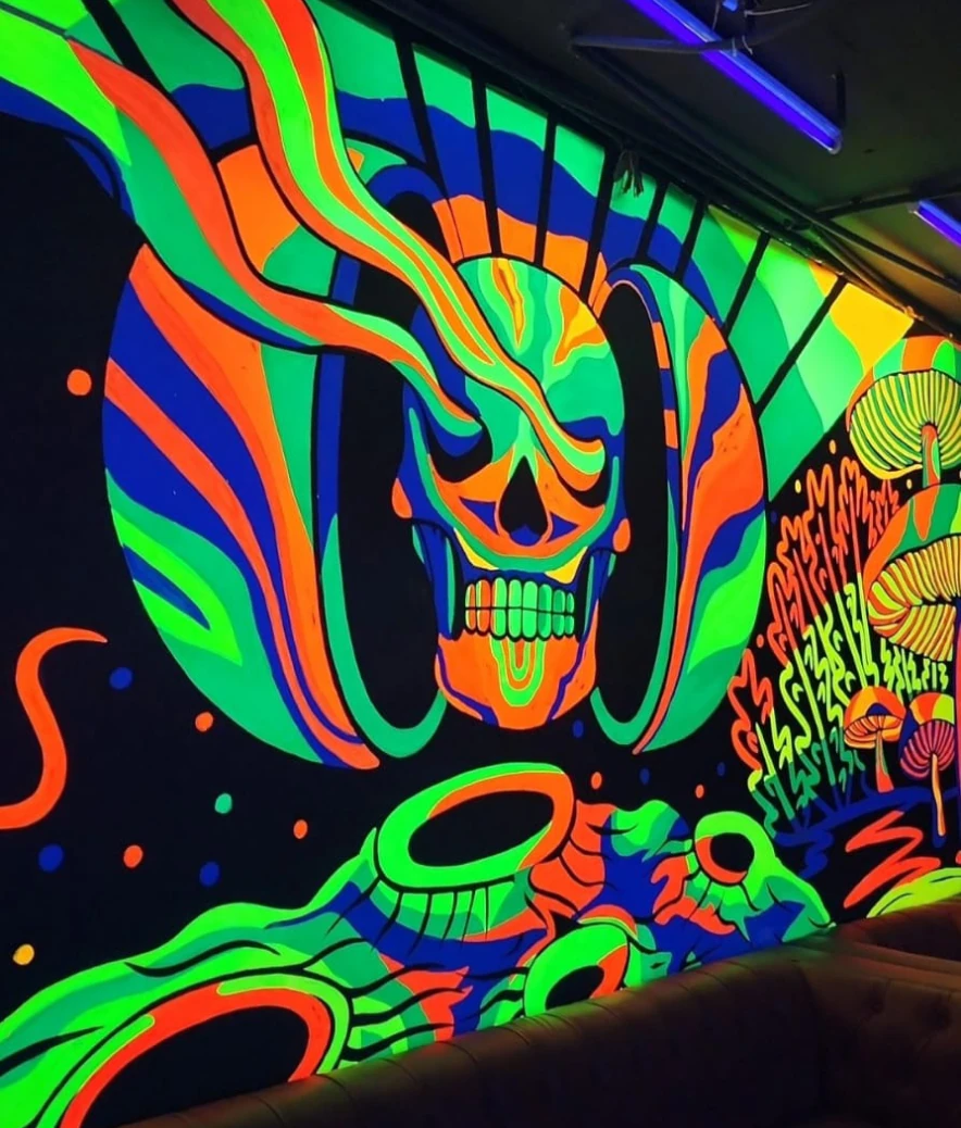 A neon skull mural