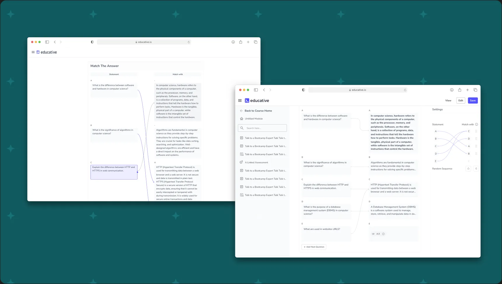 Match the Answer widget: the learner view and the editor view