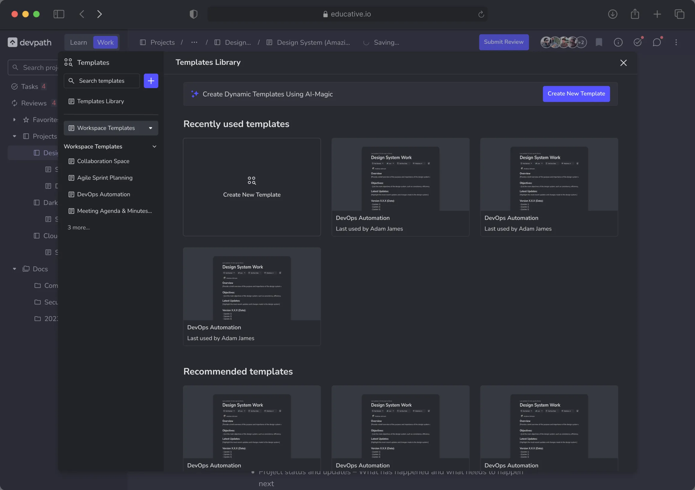 AI template homepage in dark mode