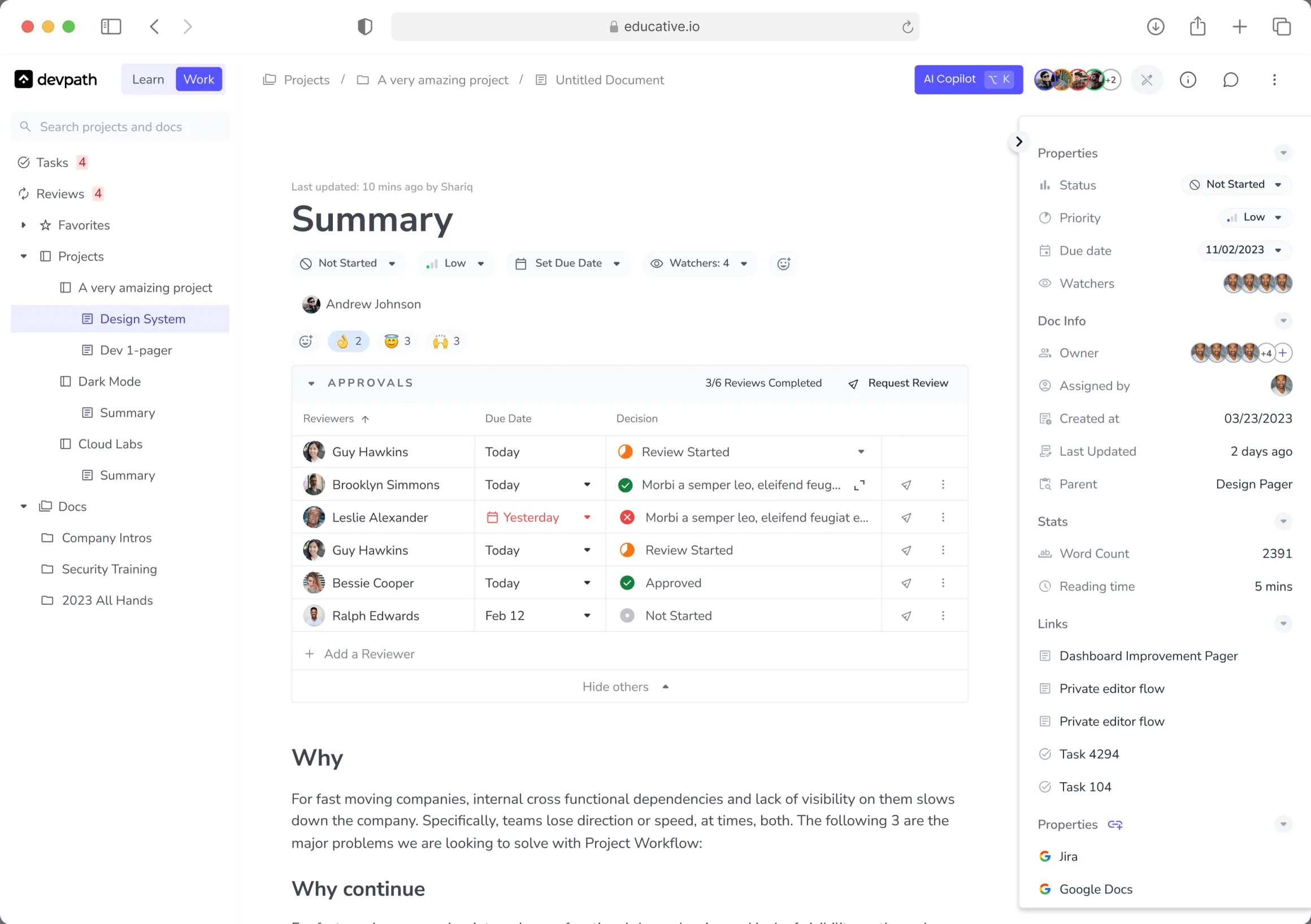 Editor document view with options in the side navigation