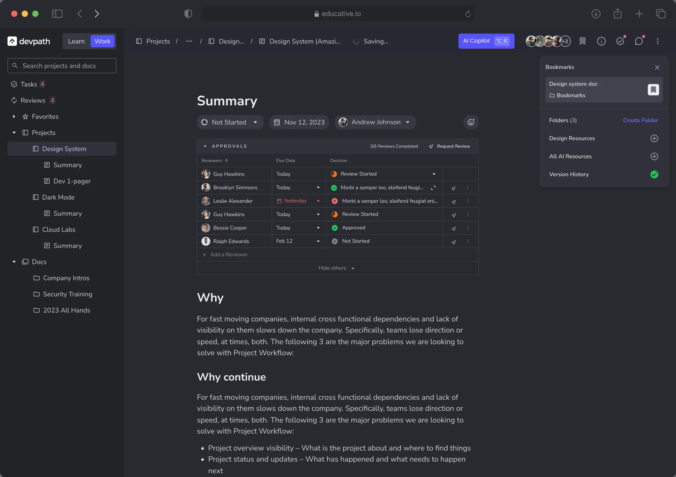 Editor in dark mode with bookmarks