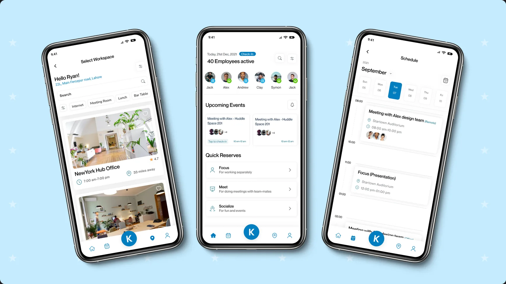 Team workspace app: mobile screens for locations, check-in and tasks