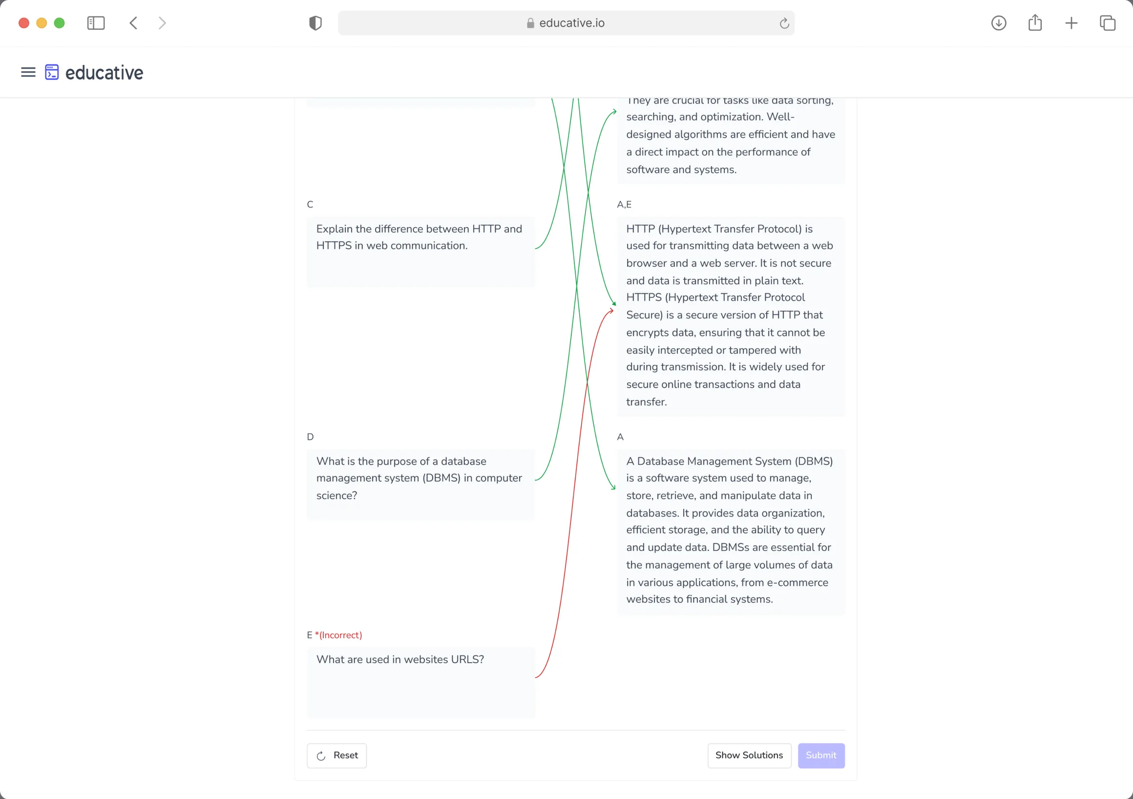 Learner view showing solutions after submitting