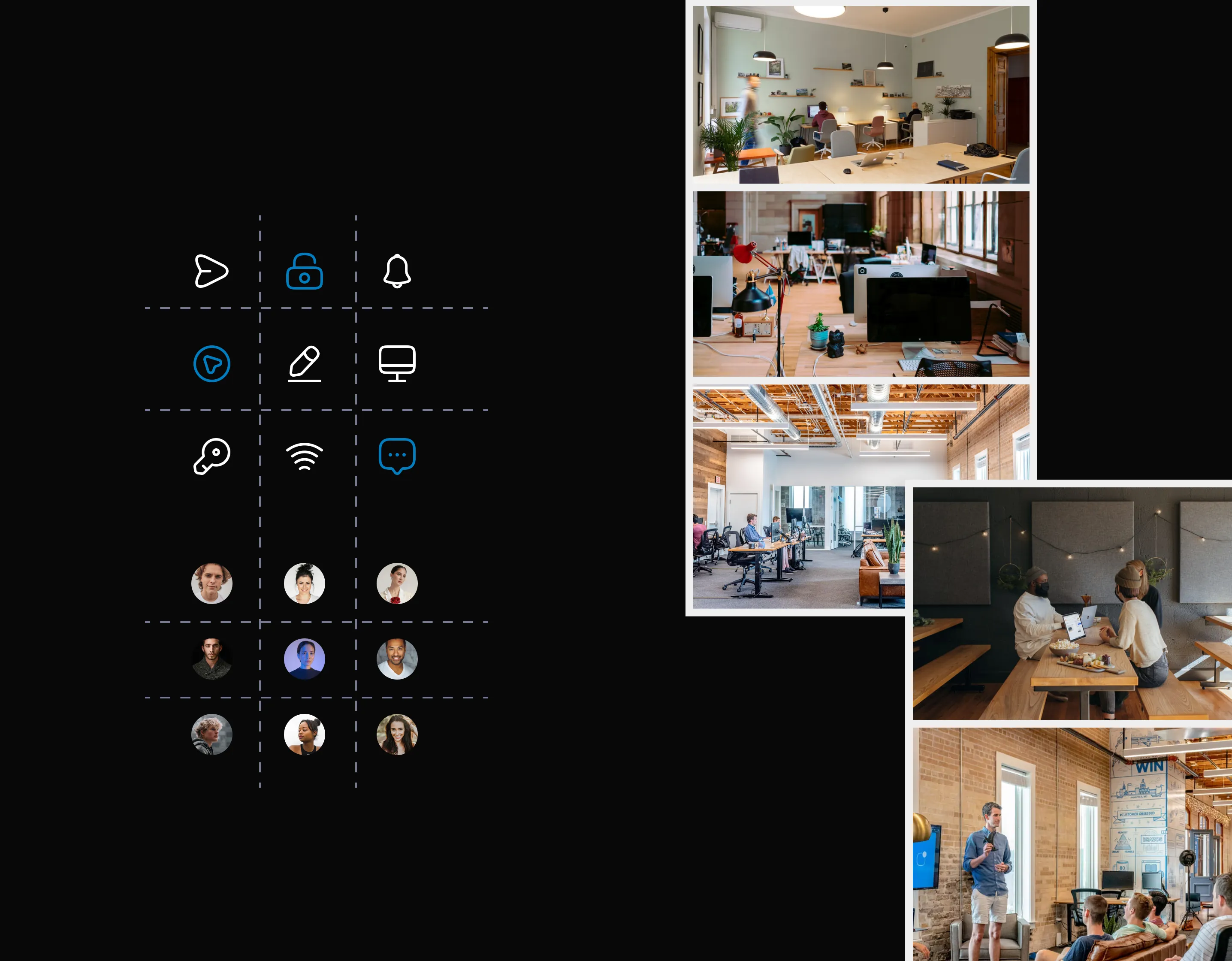 Design elements: line icons, team avatars and office photography