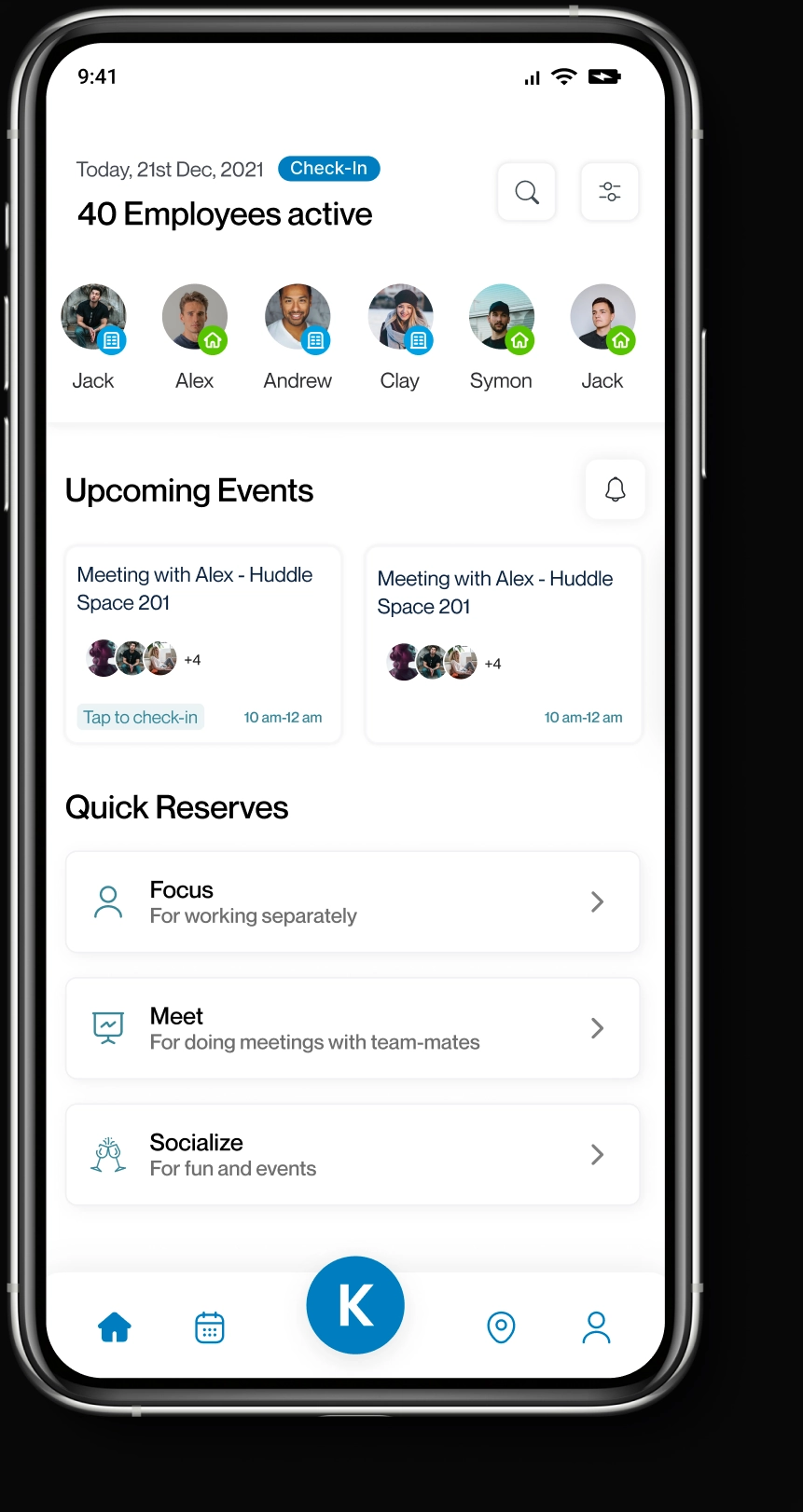 Home screen: today, 40 employees active, upcoming events and quick reserves