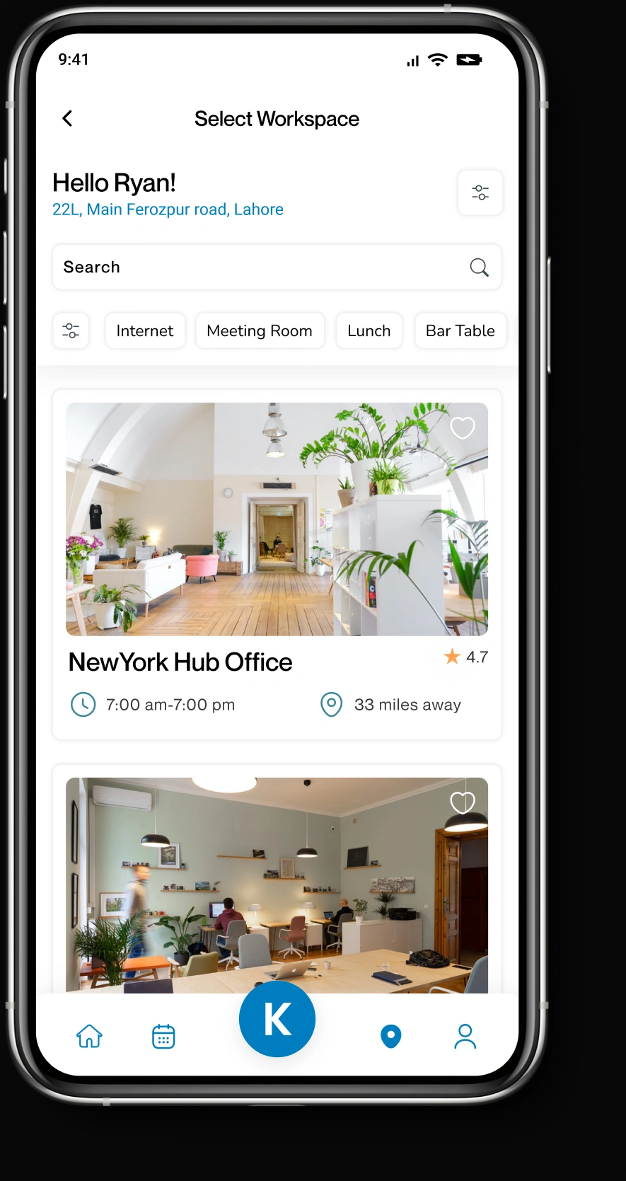 Select Workspace screen: workspace cards with photos and distance