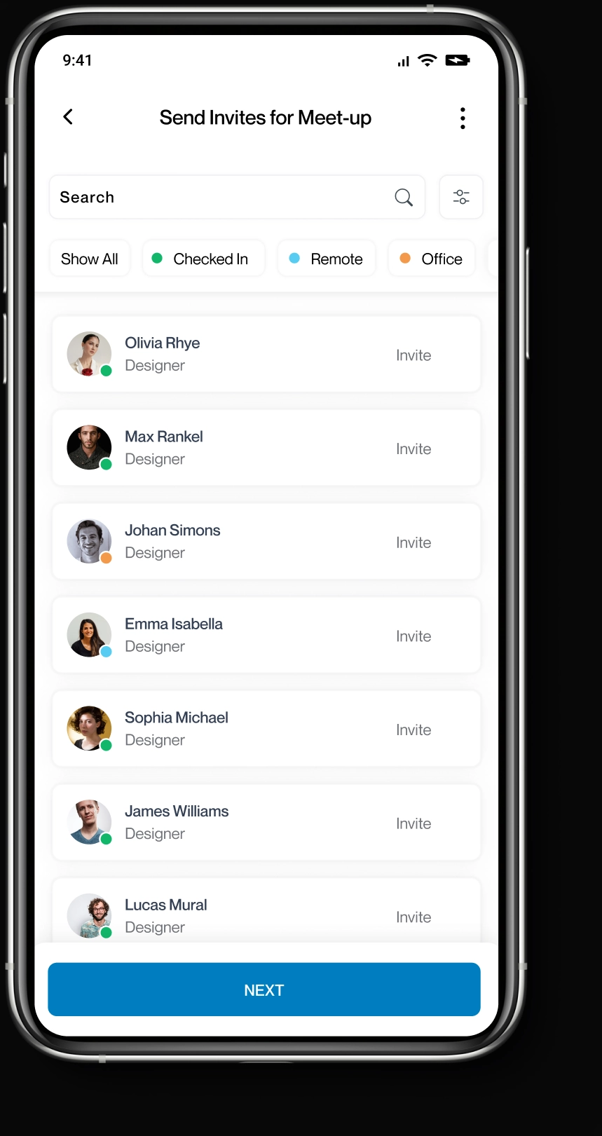 Send Invites for Meet-up screen: colleagues with invite buttons
