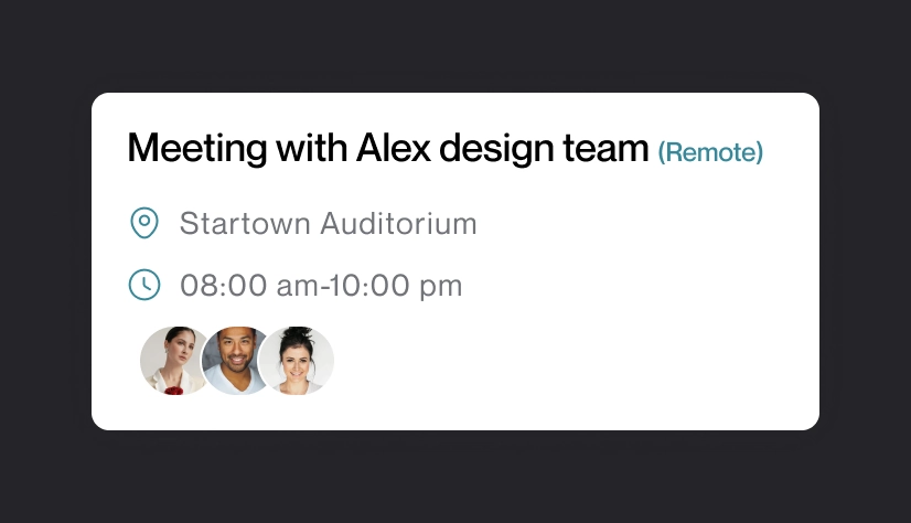 Meeting summary card: Meeting with Alex design team, remote
