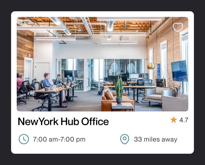 Workspace discovery card: New York Hub Office, rating 4.7, 7:00 am to 7:00 pm, 33 miles away